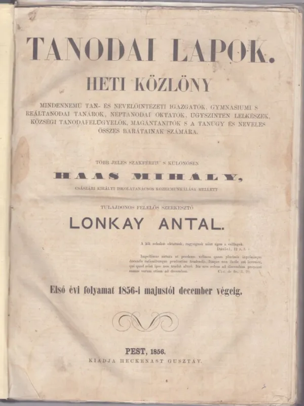 Legkelendőbb Tanodai Lapok - heti közlöny (1856)